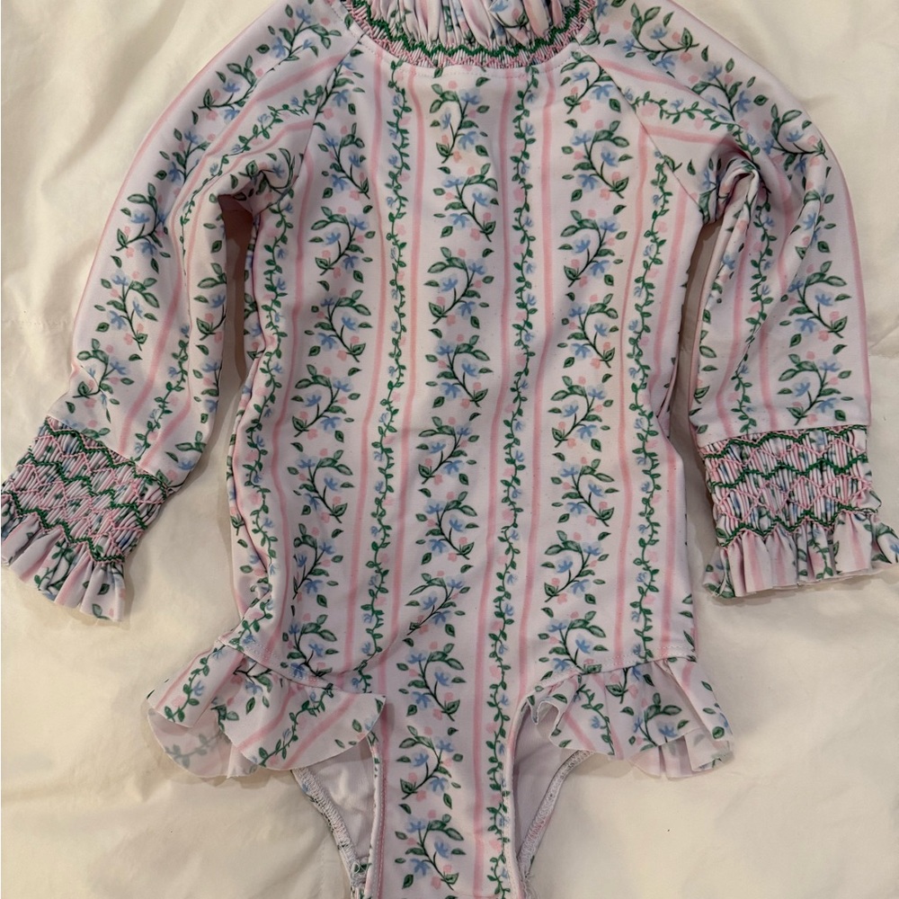 Cecil & Lou Smocked Pink and Green Rashguard Swimsuit